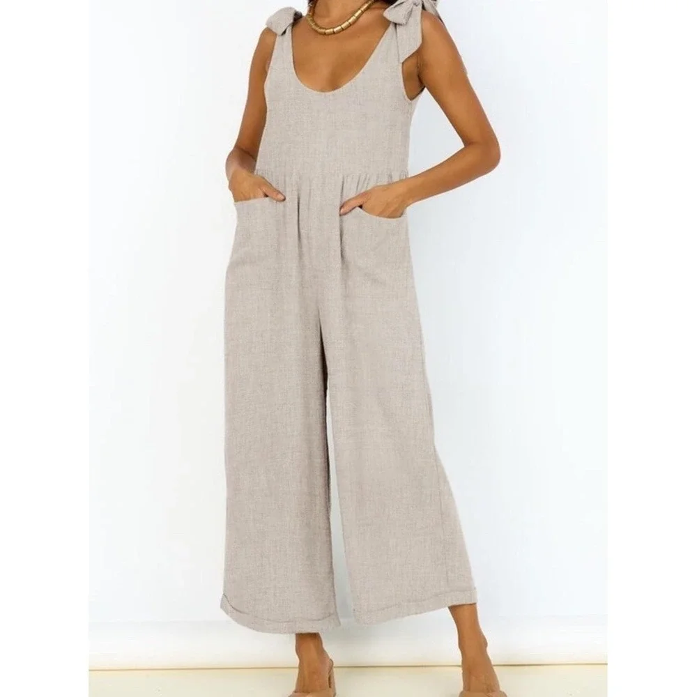 ZESICA Women's Summer Loose Sleeveless Jumpsuits Linen Adjustable Straps Oversiz